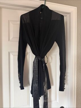 Black Long Sleeve Tie-Waist Cardigan with Faux Leather Trim